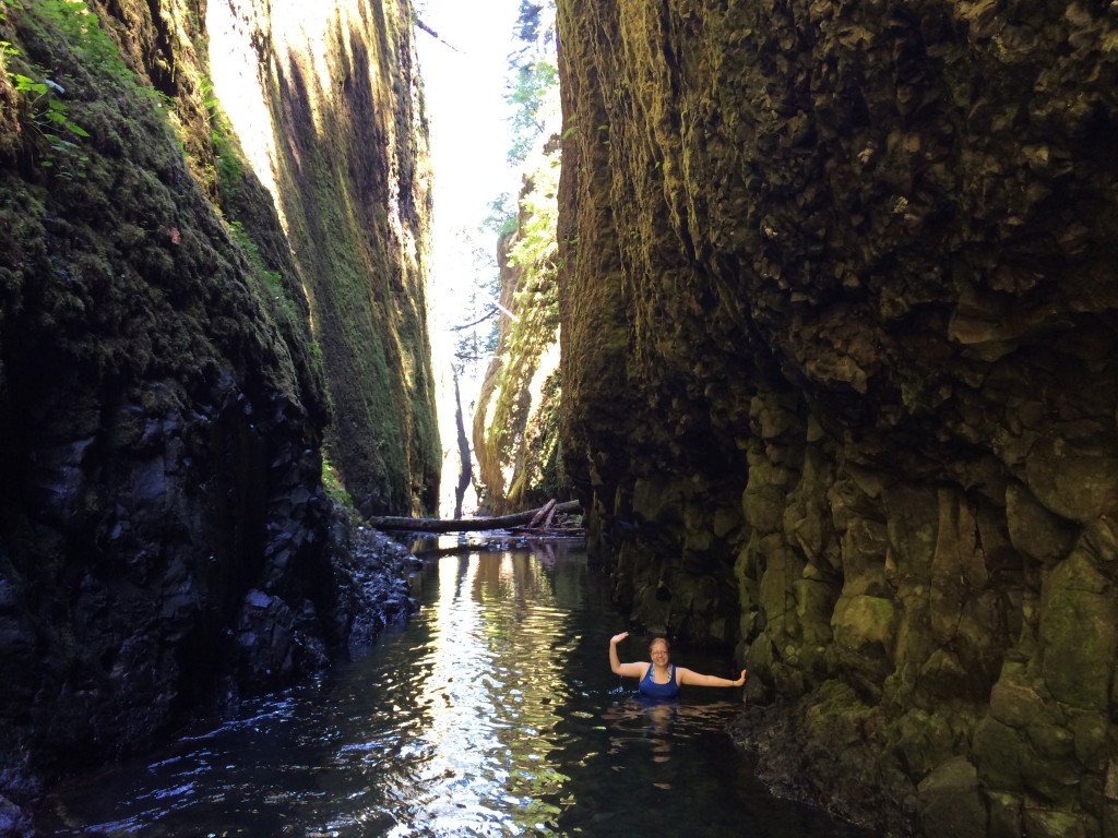 Kat wading in the deepest part of the Oneonta Gorge